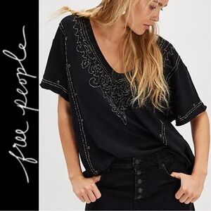 FREE PEOPLE BLACK MEDIUM BILLIE JO TEE BEADED V-NECK BOHO WESTERN TOP **NWT**